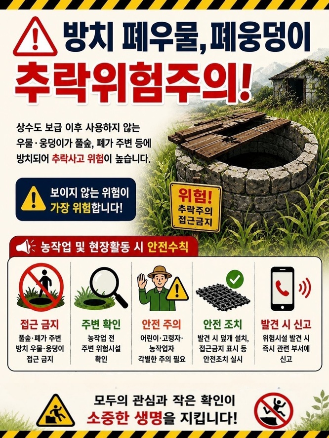 「방치 폐우물, 폐웅덩이 추락위험 주의!」 안내