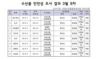 수산물 안정성 조사 결과 3월 9차 조사기관: 국립수산물품질관리원 여수지원 연번, 품목, 시료수거일, 분석완료일, 수거장소, 분석결과(항목|결과), 허용기준, 검토의견 항목으로 구성된 표 1 갑오징어 24-4-1 24-4-2 여수수협군내위판장 방사능 불검출 100Bg/kg 적합 2 농어 24-4-1 24-4-2 여수수협군내위판장 방사능 불검출 100Bg/kg 적합 3 조피볼락 24-4-2 24-4-3 화정면개도지선 방사능 불검출 100Bg/kg 적합 4 가오리 24-4-2 24-4-3 여수수협군내위판장 방사능 불검출 100Bg/kg 적합 5 숭어 24-4-2 24-4-3 여수수협군내위판장 방사능 불검출 100Bg/kg 적합 6 붕장어 24-4-2 24-4-4 여수수협군내위판장 방사능 불검출 100Bg/kg 적합 7 쏨뱅이 24-4-3 24-4-4 여수수협군내위판장 방사능 불검출 100Bg/kg 적합 8 감성돔 24-4-4 24-4-5 여수수협군내위판장 방사능 불검출 100Bg/kg 적합