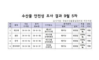 수산물 안전성 조사 결과 9월 5차 
조사기관: 국립수산물품질관리원 여수지원 
표 설명: 연번순으로 품목, 시료 수거일, 분석 완료일, 수거장소, 분석 결과, 허용 기준, 검토 의견으로 나열 되어 있습니다. 
1 개조개, 시료 수거일 24년 9월 24일, 분석 완료일 24년 9월 25일, 수거장소 제3,4구 잠수기수협, 분석결과 방사능 불검출, 허용기준 100Bq/kg, 검토의견 적합
2 참돔, 시료 수거일 24년 9월 25일, 분석 완료일 24년 9월 26일, 수거장소 여수수협 군내위판장, 분석결과 방사능 불검출, 허용기준 100Bq/kg, 검토의견 적합
3 삼치, 시료 수거일 24년 9월 25일, 분석 완료일 24년 9월 26일, 수거장소 여수수협 선어위판장, 분석결과 방사능 불검출, 허용기준 100Bq/kg, 검토의견 적합
4 흰다리새우, 시료 수거일 24년 9월 26일, 분석 완료일 24년 9월 27일, 수거장소 돌산읍 군내지선, 분석결과 방사능 불검출, 허용기준 100Bq/kg, 검토의견 적합