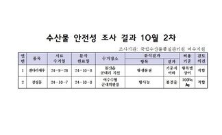 수산물 안전성 조사 결과 10월 2차 
조사가관: 국립수산물품질관리원 여수지원 
표 설명: 연번순으로 품목, 시료 수거일, 분석 완료일, 수거장소, 분석 결과, 허용 기준, 검토 의견으로 나열 되어 있습니다.  
1 흰다리새우, 시료 수거일 24년 9월 26일, 분석 완료일 24년 10월 8일, 수거장소 돌산읍 군내리지선, 분석결과 항생물질 기준치 이하, 허용기준 항목별 상이, 검토의견 적합
2 감성동, 시료 수거일 24년 10월 7일, 분석 완료일 24년 10월 8일, 수거장소 여수수협 군내위판장, 분석결과 방사능 불검출, 허용기준 100Bq/kg, 검토의견 적합