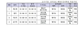 수산물 안전성 조사 결과 6월 4차 
조사가관: 전라남도 해양수산과학원 목포지원 
표 설명: 연번순으로 품목, 시료 수거일, 분석 완료일, 수거장소, 분석 결과, 허용 기준, 검토 의견으로 나열 되어 있습니다. 
1 개조개, 시료 수거일 25년 6월 12일, 분석 완료일 25년 6월 13일, 수거장소 제3, 4구 잠수기수협, 분석결과 방사능 불검출, 허용기준 100Bq/kg, 검토의견 적합
2 멸치, 시료 수거일 25년 6월 12일, 분석 완료일 25년 6월 13일, 수거장소 여수수협 선어위판장, 분석결과 방사능 불검출, 허용기준 100Bq/kg, 검토의견 적합
3 가오리, 시료 수거일 25년 6월 10일, 분석 완료일 25년 6월 11일, 수거장소 여수수협 군내지소, 분석결과 방사능 불검출, 허용기준 100Bq/kg, 검토의견 적합
4 보구치, 시료 수거일 25년 6월 10일, 분석 완료일 25년 6월 11일, 수거장소 여수수협 군내지소, 분석결과 방사능 불검출, 허용기준 100Bq/kg, 검토의견 적합