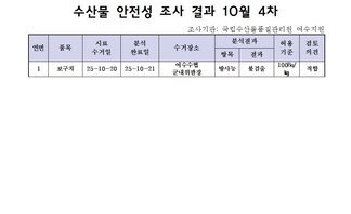 수산물 안전성 조사 결과 10월 4차
조사기관: 국립수산물품질관리원 여수지원 
표 설명: 연번순으로 품목, 시료 수거일, 분석 완료일, 수거장소, 분석 결과, 허용 기준, 검토 의견으로 나열 되어 있습니다. 
1 보구치, 시료 수거일 25년 10월 20일, 분석 완료일 25년 10월 21일, 수거장소 여수수협 군내위판장, 분석결과 방사능 불검출, 허용기준 100Bq/kg, 검토의견 적합