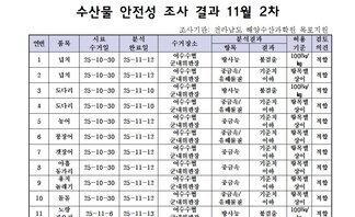 수산물 안전성 조사 결과 11월 2차
조사기관: 전라남도 해양수산과학원 목포지원 
표 설명: 연번순으로 품목, 시료 수거일, 분석 완료일, 수거장소, 분석 결과, 허용 기준, 검토 의견으로 나열 되어 있습니다. 
1 넙치, 시료 수거일 25년 10월 30일, 분석 완료일 25년 11월 12일, 수거장소 여수수협 군내위판장, 분석결과 방사능 불검출, 허용기준 100Bq/kg, 검토의견 적합
2 넙치, 시료 수거일 25년 10월 30일, 분석 완료일 25년 11월 12일, 수거장소 여수수협 군내위판장, 분석결과 중금속/유해물질 기준치 이하, 허용기준 항목별 상이, 검토의견 적합
3 도다리, 시료 수거일 25년 10월 30일, 분석 완료일 25년 11월 10일, 수거장소 여수수협 군내위판장, 분석결과 방사능 불검출, 허용기준 100Bq/kg, 검토의견 적합
4 도다리, 시료 수거일 25년 10월 30일, 분석 완료일 25년 11월 10일, 수거장소 여수수협 군내위판장, 분석결과 중금속/유해물질 기준치 이하, 허용기준 항목별 상이, 검토의견 적합
5 농어, 시료 수거일 25년 10월 30일, 분석 완료일 25년 11월 12일, 수거장소 여수수협 군내위판장, 분석결과 중금속 기준치 이하, 허용기준 항목별 상이, 검토의견 적합
6 붕장어, 시료 수거일 25년 10월 30일, 분석 완료일 25년 11월 12일, 수거장소 여수수협 군내위판장, 분석결과 중금속/유해물질 기준치 이하, 허용기준 항목별 상이, 검토의견 적합
7 갯장어, 시료 수거일 25년 10월 30일, 분석 완료일 25년 11월 12일, 수거장소 여수수협 군내위판장, 분석결과 중금속 기준치 이하, 허용기준 항목별 상이, 검토의견 적합
8 아홈동가리, 시료 수거일 25년 10월 30일, 분석 완료일 25년 11월 12일, 수거장소 여수수협 군내위판장, 분석결과 중금속 기준치 이하, 허용기준 항목별 상이, 검토의견 적합
9 용치놀래기, 시료 수거일 25년 10월 30일, 분석 완료일 25년 11월 12일, 수거장소 여수수협 군내위판장, 분석결과 중금속 기준치 이하, 허용기준 항목별 상이, 검토의견 적합
10 돌돔, 시료 수거일 25년 10월 30일, 분석 완료일 25년 11월 12일, 수거장소 여수수협 군내위판장, 분석결과 중금속/유해물질 기준치 이하, 허용기준 항목별 상이, 검토의견 적합
11 노랑가오리, 시료 수거일 25년 11월 6일, 분석 완료일 25년 11월 13일, 수거장소 여수수협 군내위판장, 분석결과 방사능 불검출, 허용기준 100Bq/kg, 검토의견 적합
12 용치놀래기, 시료 수거일 25년 11월 6일, 분석 완료일 25년 11월 13일, 수거장소 여수수협 군내위판장, 분석결과 방사능 불검출, 허용기준 100Bq/kg, 검토의견 적합
13 아홉동가리, 시료 수거일 25년 11월 6일, 분석 완료일 25년 11월 13일, 수거장소 여수수협 군내위판장, 분석결과 방사능 불검출, 허용기준 100Bq/kg, 검토의견 적합
14 붉바리, 시료 수거일 25년 11월 6일, 분석 완료일 25년 11월 13일, 수거장소 여수수협 군내위판장, 분석결과 방사능 불검출, 허용기준 100Bq/kg, 검토의견 적합
15 쏨뱅이, 시료 수거일 25년 11월 6일, 분석 완료일 25년 11월 13일, 수거장소 여수수협 군내위판장, 분석결과 방사능 불검출, 허용기준 100Bq/kg, 검토의견 적합
16 볼락, 시료 수거일 25년 11월 6일, 분석 완료일 25년 11월 13일, 수거장소 여수수협 군내위판장, 분석결과 방사능 불검출, 허용기준 100Bq/kg, 검토의견 적합