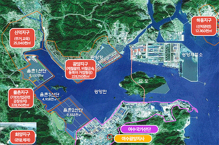 광양만권 북동쪽으론 하동지구(선박관련) 12,360천㎡가 있으며 하동지구의 하단에 광양제철소가 있습니다. 북서쪽엔 신덕지구(주거,교육) 25,040천㎡가 있으며 신덕지구 우측으로 광양지구(제철관련, 비철금속, 동북아 거점형성) 228,150천㎡과 광양항이 있습니다. 광양만권의 중심엔 광양만과 묘도가 있으며 남서쪽엔 율촌지구(기반산업관련 공장유치) 228,150천㎡과 화양지구(관광, 레저)가 있으며 율촌지구의 좌측상단부터 율촌1산단(9,157천㎡), 율촌3산단(4,958천㎡), 율촌2산단(9,553천㎡)가 있습니다. 광양만권의 남쪽엔 여수국가산단과 여수광양지사가 위치하고 있습니다.