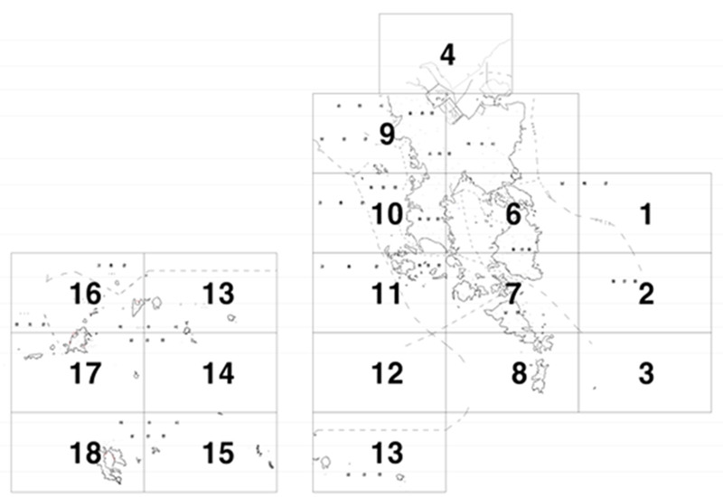 여수시 전체를 오른쪽 위부터 아래쪽으로 1구역,2구역,3구역 / 4구역,5구역,6구역,7구역,8구역/9구역,10구역,11구역,12구역,13구역 / 13구역, 14구역, 15구역 /, 16구역, 17구역, 18구역으로 나누어놓은 이미지입니다. 각 구역의 자세한 내용은 상단의 어장 좌표 엑셀 내려받기를 통해 확인해주세요.