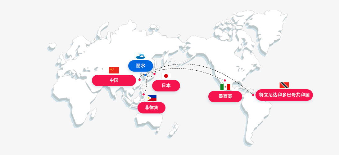 국제자매도시위치를 표시한 세계지도로 왼쪽부터 중국 항저우시 웨이하이시, 한국 여수시가 있으며 여수시 오른쪽에는 일본 가라츠시, 밑으로 필리핀 세부시, 그옆으로 멕시코 께레따로시,트리니나드토바고 포트오브스페인시가 있습니다. 자세한 내용은 아래 표를 참고하세요.
