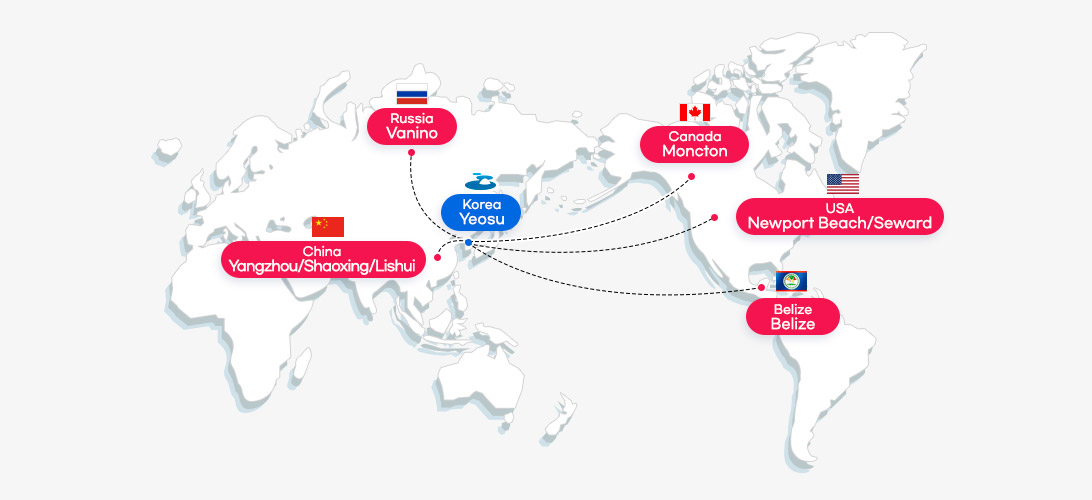 국제우호도시위치를 나타내는 세계지도로 왼쪽부터 중국 양저우시, 샤오싱시, 리수이시,  러시아 바니노시한국 여수시가 위치해 있고 여수시를 기준으로 오른쪽으로  캐나다 몽턴시, 미국 뉴포트비치시,스워드시, 벨리즈 벨리즈시, 위치해있습니다. 자세한 내용은 아래의 표를 참조