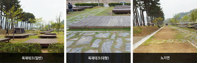 웅천야영장 사진으로 좌측부터 목재데크(일반), 목재데크 (대형), 노지면