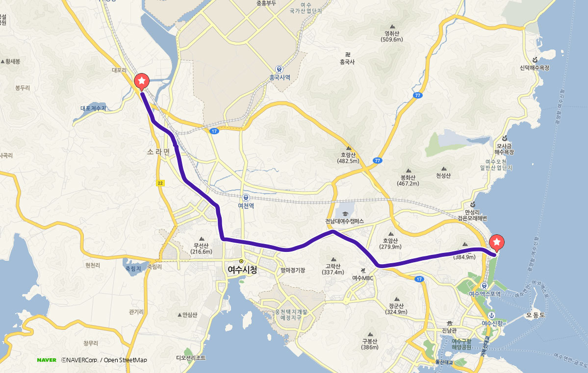 옛 철길 자전거도로 코스를 안내하며 경로를 나타낸 지도입니다.