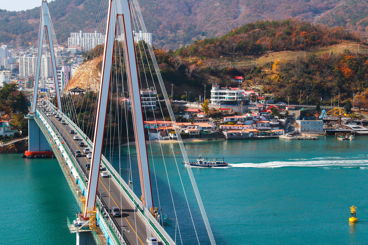 ㅅ자 형태로 생긴 구조물로 연결된 돌산대교