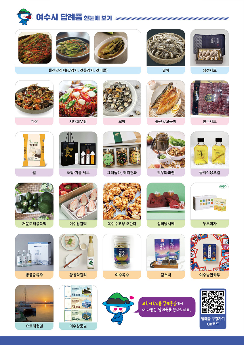 여수시의 다양한 특산물과 음식들이 정리된 이미지로, 여러 가지 음식과 제품들이 사진으로 소개되고 있다.
