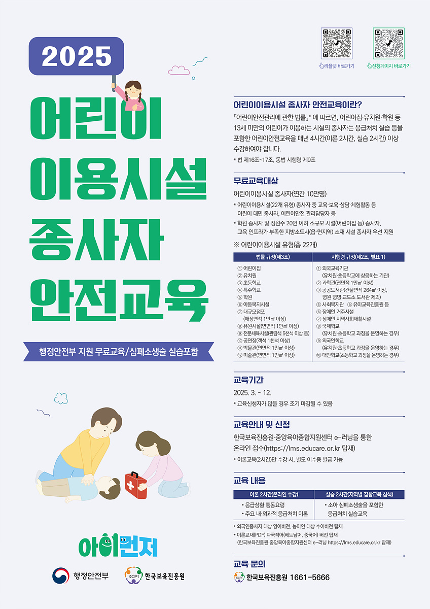 /025 어린이 이용시설 종사자 안전교육 /행정안전부 지원 무료교육 / 심폐소생술 실습 포함 /어린이이용시설 종사자 안전교육이란? /「어린이안전관리에 관한 법률」에 따라, 어린이집·유치원·학원 등 13세 미만의 어린이가 이용하는 시설의 종사자는 응급처치 실습 등을 포함한 어린이안전교육을 매년 4시간(이론 2시간, 실습 2시간) 이상 수강해야 함. /법 제 16조 ~17조 동법 시행령 제 9조 /무료교육대상 /어린이이용시설 종사자(연간 10만명) /어린이이용시설(22개 유형) 종사자 중 돌봄·보육·상담·체험활동 등 어린이 대면 종사자, 어린이안전 관련업무 담당자 /학원 종사자 및 정원수 20인 이하 소규모 시설(어린이집) 종사자, 교육인프라가 부족한 지방소도시(읍,면지역) 소재 시설 종사자 우선 지원 /어린이이용시설 유형(총 22개) /법률 규정 (제3조) /어린이집, 유치원, 초등학교,특수학교, 학원, 아동복지시설,대규모점포(매장면적 1만제곱미터 이상),유원시설(연면적 1만 제곱미터 이상), 전문체육시설(관람석 5천석 이상 등), 공연장(객석 1천석 이상), 박물관(연면적 1만제곱미터 이상),미술관 (연면적 1만 제곱미터 이상) /시행령 규정 (제2조 ,별표 1) /외국교육기관 (유치원·초등학교에 상응하는 기관) /과학관(연면적 1만㎡ 이상) /공공도서관(건물연면적 264㎡ 이상, 병원·병영·교도소 도서관 제외) /사회복지관 /유아교육진흥원 등 /장애인 거주시설 /장애인 지역사회재활시설 /국제학교 (유치원·초등학교 과정을 운영하는 경우) /외국인학교 (유치원·초등학교 과정을 운영하는 경우) /대안학교(초등학교 과정을 운영하는 경우) /교육기간 /2025. 3. ~ 12. /교육신청자가 많을 경우 조기 마감될 수 있음 /교육안내 및 신청 /한국보육진흥원·중앙육아종합지원센터 e-러닝을 통한 온라인 접수(https://lms.educare.or.kr / 탑재) /이론교육(2시간)만 수강 시, 별도 이수증 발급 가능 /교육 내용 /이론 2시간(온라인 수강) /응급상황 행동요령, 주요 내,외과적 응급처리 이론 /실습 2시간(지역별 집합교육 참석) /소아 심폐소생술 포함한 응급처치 실습교육 /교육 문의 /한국보육진흥원 ☎ 1661-5666