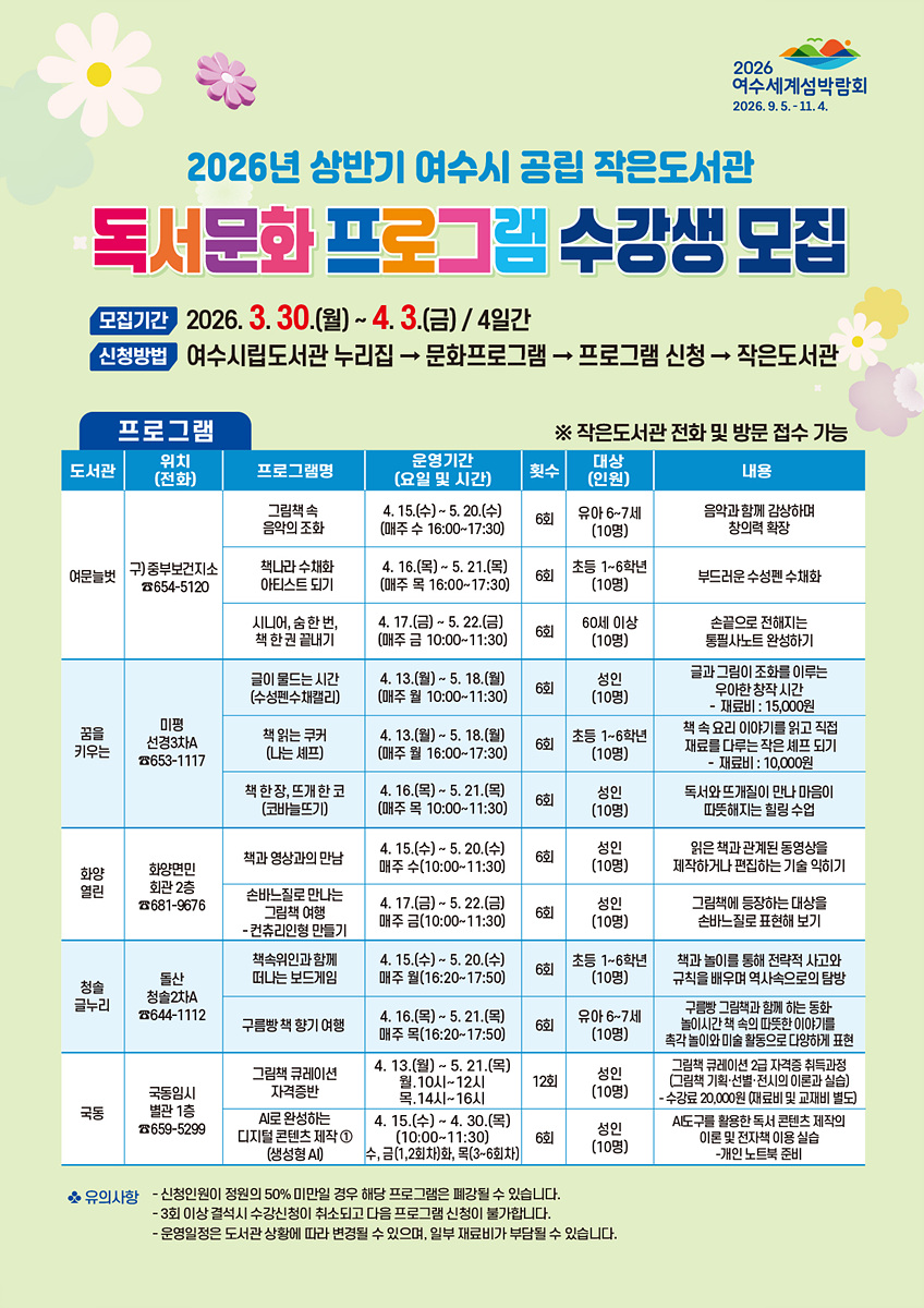 6 여수시, 공립 작은도서관 ‘상반기 독서문화 프로그램’ 수강생 모집.jpg