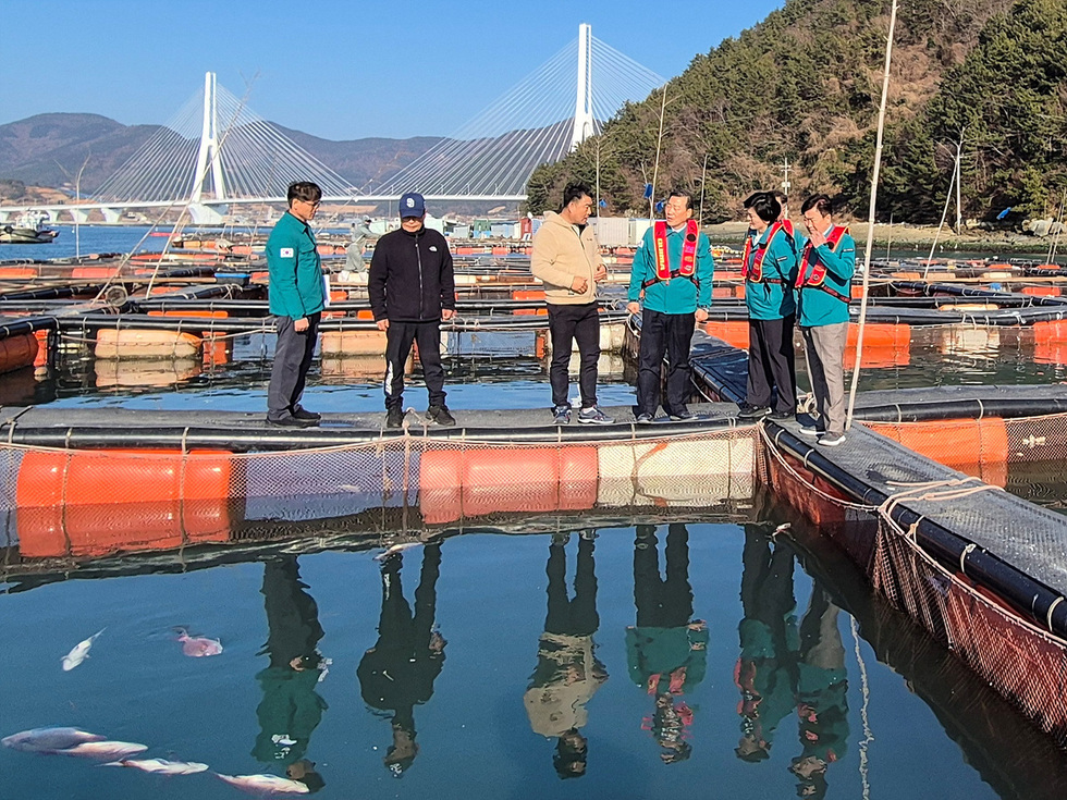 정기명 여수시장이 남면 화태리 어류양식장을 방문해 현장을 살펴본 뒤 신속한 피해 조사 및 복구계획에 대해 의논 하는 사진02