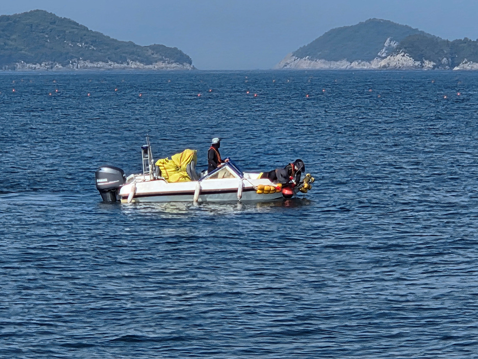 여수 앞바다에서 어업지도선과 소형 보트가 나란히 정박한 가운데 관계자들이 불법 김양식시설 부표를 수거하며 철거 작업을 진행하는 모습