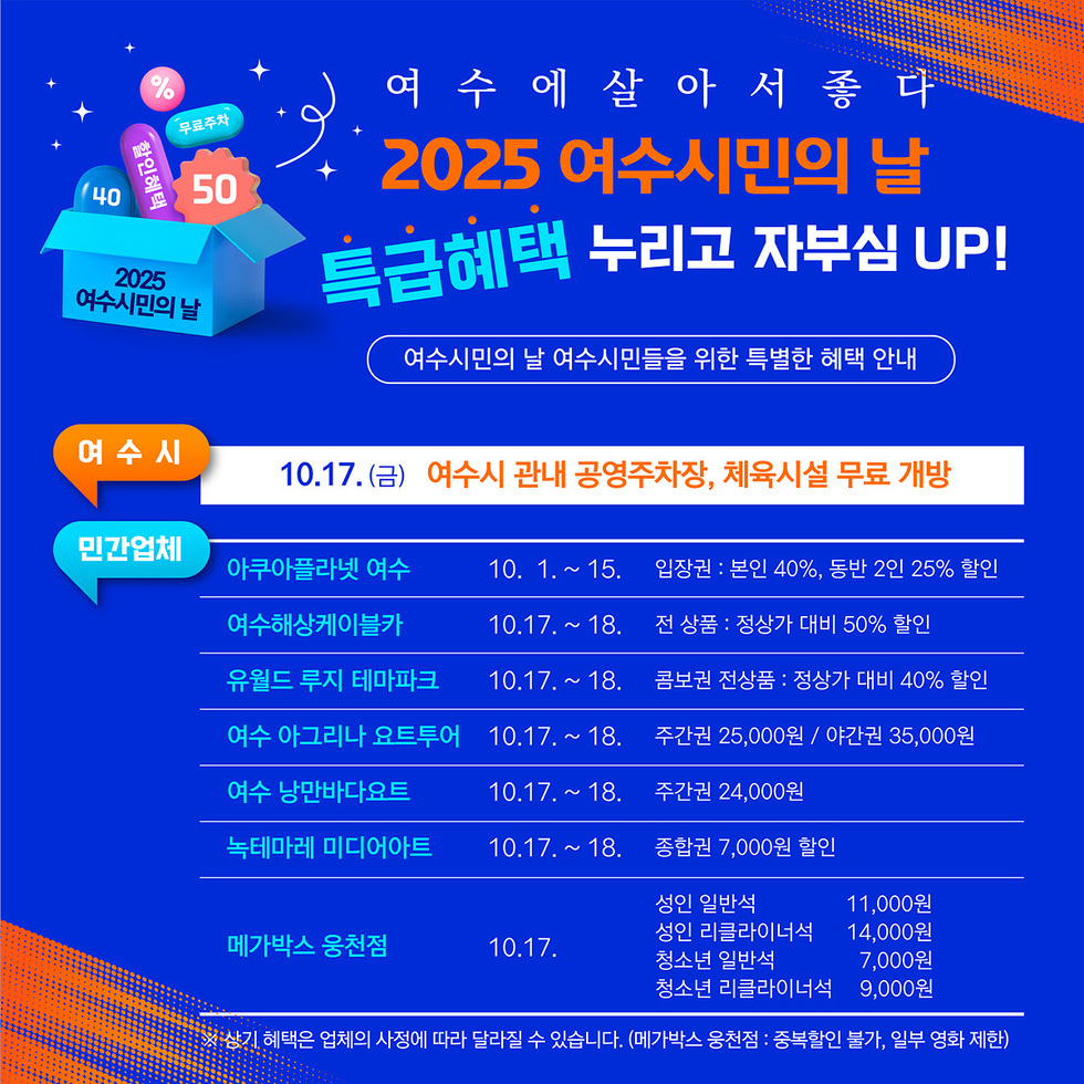 여수에 살아서 좋다 / 2025 여수시민의 날 / 특급혜택 누리고 자부심 UP! / 여수시민의 날 여수시민들을 위한 특별한 혜택 안내 / 여수시 10월17일 (금) 여수시 관내 공영주차장, 체육시설 무료 개방 / 민간업체 아쿠아플라넷 여수 : 10월1일~15일 입장권 : 본인 40%, 동반 2인 25% 할인 / 여수해상케이블카 : 10월17일~18일 전 상품 : 정상가 대비 50% 할인 / 유월드 루지 테마파크 : 10월17일~18일 콤보권 전상품 : 정상가 대비 40% 할인 / 여수 아그리나 오토캠프 : 10월17일~18일 주간권 25,000원 / 야간권 35,000원 / 여수 낭만바다오토캠프 : 10월17일~18일 주간권 24,000원 / 녹테마레 미디어아트 : 10월17일~18일 종합권 7,000원 할인 / 메가박스 용천점 : 10월17일 성인 일반석 11,000원 청소년 일반석 7,000원 성인 리클라이너석 14,000원 청소년 리클라이너석 9,000원  상기 혜택은 업체의 사정에 따라 달라질 수 있습니다(메가박스 웅천점: 중복할인 불가, 일부 영화 제한)