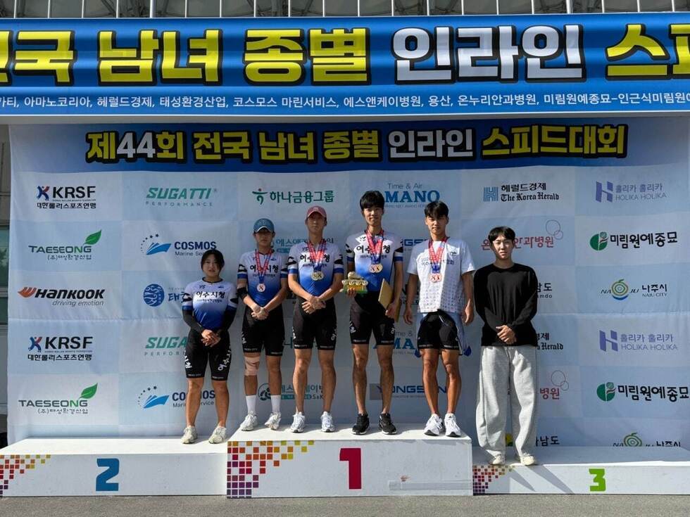 제44회 전국 남녀 종별 인라인 스피드대회에서 우수한 성적을 거둔 여수시청 롤러팀 선수단(왼쪽부터 김민서·김민찬·이성건·송제언·박도봉·박형상 선수)