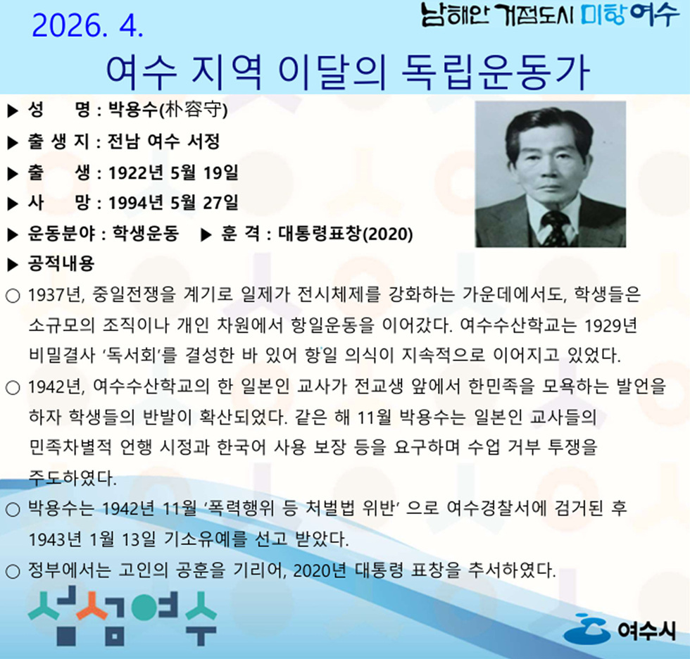 9 여수시, 2026년 4월의 독립운동가 ‘박용수(朴容守)’ 선생 선정.jpg