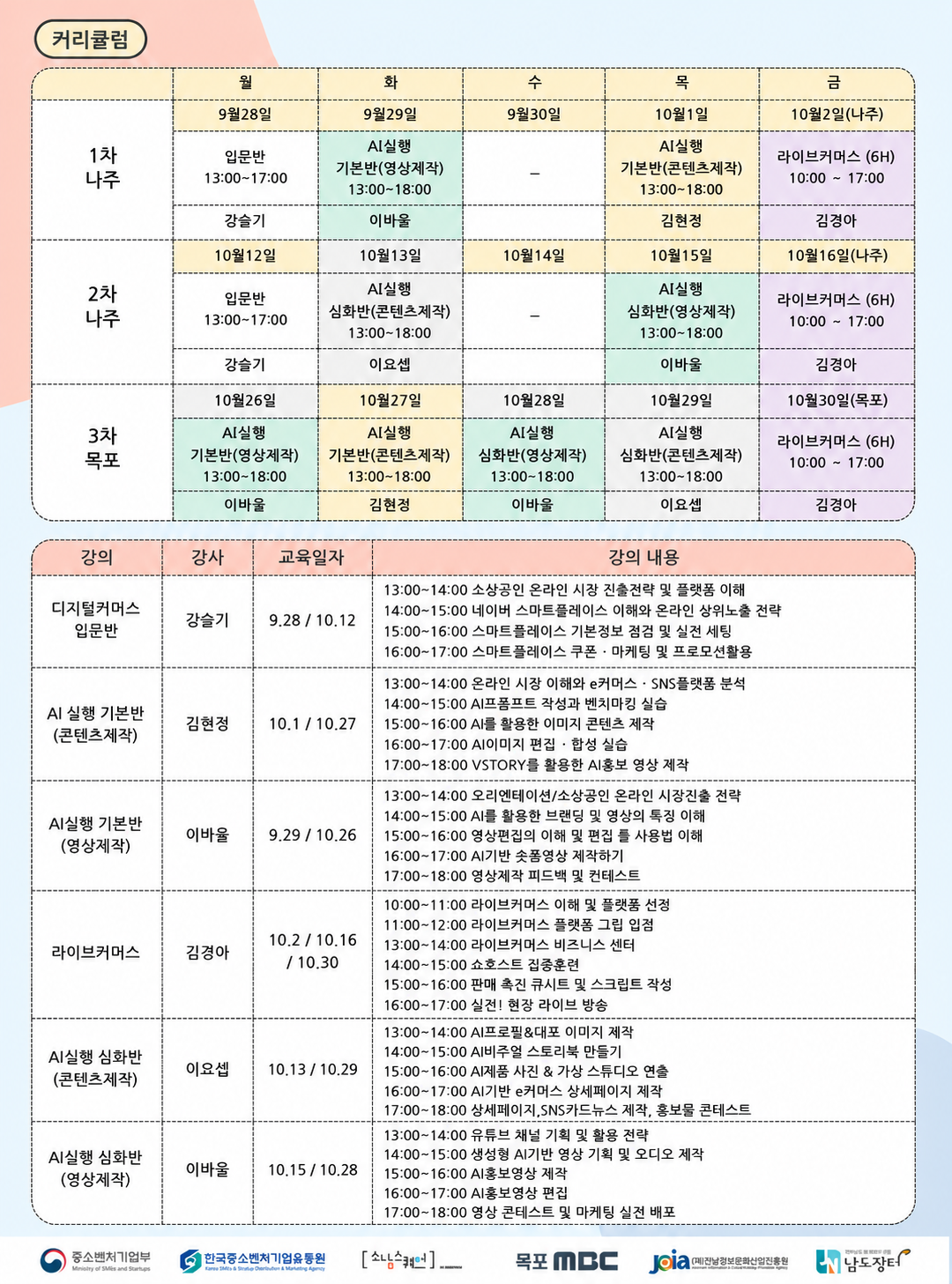 커리큘럼 1차 나주 월 9월28일 입문반 13:00~17:00 강슬기 화 9월29일 AI실행 기본반(영상제작) 13:00~18:00 이바울 수 9월30일 목 10월1일 AI실행 기본반(콘텐츠제작) 13:00~18:00 김현정 금 10월2일(나주) 라이브커머스 (6H) 10:00 ~ 17:00 김경아  2차 나주 10월12일 입문반 13:00~17:00 강슬기  10월13일 AI실행 심화반(콘텐츠제작) 13:00~18:00 이요셉  10월14일 10월15일 AI실행 심화반(영상제작) 13:00~18:00 이바울  10월16일(나주) 라이브커머스 (6H) 10:00 ~ 17:00 김경아  3차 목포 10월26일 AI실행 기본반(영상제작) 13:00~18:00 이바울  10월27일 AI실행 기본반(콘텐츠제작) 13:00~18:00 김현정  10월28일 AI실행 심화반(영상제작) 13:00~18:00 이바울  10월29일 AI실행 심화반(콘텐츠제작) 13:00~18:00 이요셉  10월30일(목포) 라이브커머스 (6H) 10:00 ~ 17:00 김경아  강의 강사 교육일자 강의내용  디지털커머스 입문반 강슬기 9.28 / 10.12 13:00~14:00 소상공인 온라인 시장 진출전략 및 플랫품 이해 14:00~15:00 네이버 스마트플레이스 이해와 온라인 상위노출 전략 15:00~16:00 스마트플레이스 기본정보 점검 및 실전 세팅 16:00~17:00 스마트플레이스 쿠폰 · 마케팅 및 프로모션활용  AI 실행 기본반 (콘텐츠제작) 김현정 10.1 / 10.27 13:00~14:00 온라인 시장 이해와 e커머스 · SNS플랫품 분석 14:00~15:00 AI프폼프트 작성과 벤치마킹 실습 15:00~16:00 Al를 활용한 이미지 콘텐츠 제작 16:00~17:00 AI이미지 편집 · 합성 실습 17:00~18:00 VSTORY를 활용한 AI홍보 영상 제작  AI실행 기본반(영상제작) 이바율 9.29 / 10.26 13:00~14:00 오리엔테이션/소상공인 온라인 시장진출 전략 14:00~15:00 Al를 활용한 브랜딩 및 영상의 톡징 이해 15:00~16:00 영상편집의 이해 및 편집 를 사용법 이해 16:00~17:00 AI기반 솟폼영상 제작하기 17:00~18:00 영상제작 피드백 및 컨테스트  라이브커머스 김경아 10.2 / 10.16 / 10.30 10:00~11:00 라이브커머스 이해 및 플랫품 선정 11:00~12:00 라이브커머스 플랫폼 그립 입점 13:00~14:00 라이브커머스 비즈니스 센터 14:00~15:00 쇼호스트 집중훈련 15:00~16:00 판매 촉진 큐시트 및 스크립트 작성 16:00~17:00 실전! 현장 라이브 방송  AI실행 심화반(콘텐츠제작) 이요셉 10.13 / 10.29 13:00~14:00 AI프로필&대포 이미지 제작 14:00~15:00 AI비주얼 스토리북 만들기 15:00~16:00 AI제품 사진 & 가상 스튜디오 연출 16:00~17:00 AI기반 e커머스 상세페이지 제작 17:00~18:00 상세페이지,SNS카드뉴스 제작, 홍보물 콘테스트  AI실행 심화반(영상제작) 이바울 10.15 / 10.28 13:00~14:00 유튜브 채널 기획 및 활용 전략 14:00~15:00 생성형 AI기반 영상 기획 및 오디오 제작 15:00~16:00 AI홍보영상 제작 16:00~17:00 AI홍보영상 편집 17:00~18:00 영상 콘테스트 및 마케팅 실전 배포  중소벤처기업부 한국중소벤처기업유통원 소담스퀘어 목포 MBC (재)전남정보문화산업진흥원 남도장터