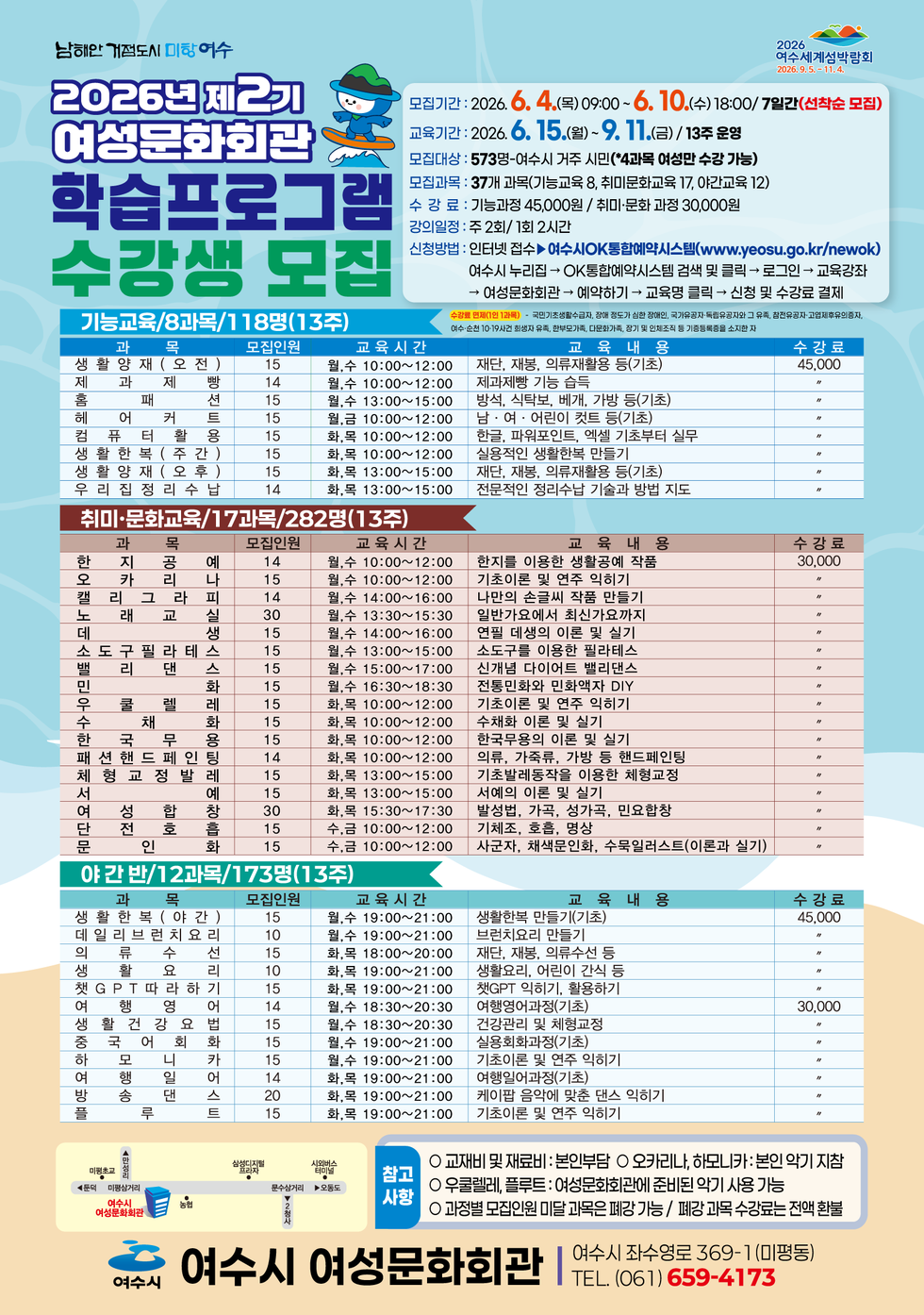 남해안 거점도시 미항여수 2026 여수세계섬박람회 2026.9.5 .- 11.4. 2026년 제2기 여성문화회관 학습프로그램 수강생 모집 모집기간 : 2026. 6. 4.(목) 09:00~6. 10.(수)18:00/ 7일간(선착순 모집) 교육기간 : 2026. 6. 15.(월)~9. 11.(금) / 13주 운영 모집대상 : 573명-여수시 거주 시민(*4과목 여성만 수강 가능) 모집과목 : 37개 과목(기능교육 8, 취미문화교육 17, 야간교육 12) 수 강 료 : 기능과정 45,000원 / 취미·문화 과정 30,000원 강의일정 : 주 2회/ 1회 2시간 신청방법 : 인터넷 접수▶여수시OK통합예약시스템(www.yeosu.go.kr/newok) 여 수 시 누 리 집 → OK 통 합 예 약 시 스 템 검 색 및 클 릭 → 로 그 인 → 교 육 강 → 여성문화회관 → 예약하기 → 교육명 클릭 → 신청 및 수강료 결제  수강료 면제(1인 1과목) - 국민기초생활수급자, 장애 정도가 심한 장애인, 국가유공자·독립유공자와 그 유족, 참전유공자·고협제후유의증자, 여수·순천 10·19사건 희생자 유족, 한부모가족, 다문화가족, 장기 및 인체조직 등 기증등록증을 소지한 자  기능교육/8과목/118명(13주)  과 목 생활양재(오전) 모집인원 15 교육시간 월,수 10:00~12:00 교육 내용 재단, 재봉, 의류재활용 등(기초) 수강료 45,000  과 목 제 과 제 빵 모집인원 14 교육시간 월,수 10:00~12:00 교육 내용 제과제빵 기능 습득 수강료 45,000  과 목 홈패션 모집인원 15 교육시간 월,수 13:00~15:00 교육 내용 방석, 식탁보, 베개, 가방 등(기초) 수강료 45,000  과 목 헤어커트 모집인원 15 교육시간 월,금 10:00~12:00 교육 내용 남 · 여 · 어린이 컷트 등(기초) 수강료 45,000  과 목 컴퓨터 활용 모집인원 15 교육시간 화,목 10:00~12:00 교육 내용 한글, 파워포인트, 엑셀 기초부터 실무 수강료 45,000  과 목 생활한복(주간) 모집인원 15 교육시간 화,목 10:00~12:00 교육 내용 실용적인 생활한복 만들기 수강료 45,000  과 목 생활양재(오후) 모집인원 15 교육시간 화,목 13:00~15:00 교육 내용 재단, 재봉, 의류재활용 등(기초) 수강료 45,000  과 목 우리집 정수납 모집인원 14 교육시간 화,목 13:00~15:00 교육내용 전문적인 정리수납 기술과 방법 지도 수강료 45,000  취미·문화교육/17과목/282명(13주) 과목 한지공예 모집인원 14 교육시간 월,수 10:00~12:00 교육내용 한지를 이용한 생활공예 작품 수강료 35,000  과목 오카리나 모집인원 15 교육시간 월,수 10:00~12:00 교육내용 기초이론 및 연주 익히기 수강료 35,000  과목 캘리그라피 모집인원 14 교육시간 월,수 14:00~16:00 교육내용 나만의 손글씨 작품 만들기 수강료 35,000  과목 노래교실 모집인원 30 교육시간 월,수 13:30~15:30 교육내용 일반가요에서 최신가요까지 수강료 35,000  과목 데생 모집인원 15 교육시간 월,수 14:00~16:00 교육내용 연필 데생의 이론 및 실기 수강료 35,000  과목 소도구필라테스 모집인원 15 교육시간 월,수 13:00~15:00 교육내용 소도구를 이용한 필라테스 수강료 35,000  과목 밸리댄스 모집인원 15 교육시간 월,수 15:00~17:00 교육내용 신개념 다이어트 밸리댄스 수강료 35,000  과목 민화 모집인원 15 교육시간 월,수 16:30~18:30 교육내용 전통민화와 민화액자 DIY 수강료 35,000  과목 우쿨렐레 모집인원 15 교육시간 화,목 10:00~12:00 교육내용 기초이론 및 연주 익히기 수강료 35,000  과목 수채화 모집인원 15 교육시간 화,목 10:00~12:00 교육내용 수채화 이론 및 실기 수강료 35,000  과목 한국무용 모집인원 15 교육시간 화,목 10:00~12:00 교육내용 한국무용의 이론 및 실기 수강료 35,000  과목 패션핸드페인팅 모집인원 14 교육시간 화,목 10:00~12:00 교육내용 의류, 가죽류, 가방 등 핸드페인팅 수강료 35,000  과목 체형교정발레 모집인원 15 교육시간 화,목 13:00~15:00 교육내용 기초발레동작을 이용한 체형교정 수강료 35,000  과목 서예 모집인원 15 교육시간 화,목 13:00~15:00 교육내용 서예의 이론 및 실기 수강료 35,000  과목 여성합창 모집인원 30 교육시간 화,목 15:30~17:30 교육내용 발성법, 가곡, 성가곡, 민요합창 수강료 35,000  과목 단전호흡 모집인원 15 교육시간 수,금 10:00~12:00 교육내용 기체조, 호흡, 명상 수강료 35,000  과목 문인화 모집인원 15 교육시간 수,금 10:00~12:00 교육내용 사군자, 채색문인화, 수묵일러스트(이론과 실기) 수강료 35,000  야간반/12과목/173명(13주) 과목 생활한복(야간) 모집인원 15 교육시간 월,수 19:00~21:00 교육내용 생활한복 만들기(기초) 수강료 45,000  과목 데일리브런치요리 모집인원 10 교육시간 월,수 19:00~21:00 교육내용 브런치요리 만들기 수강료 45,000  과목 의류수선 모집인원 15 교육시간 화,목 18:00~20:00 교육내용 재단, 재봉, 의류수선 등 수강료 45,000  과목 생활요리 모집인원 10 교육시간 화,목 19:00~21:00 교육내용 생활요리, 어린이 간식 등 수강료 45,000  과목 챗GPT 따라하기 모집인원 15 교육시간 화,목 19:00~21:00 교육내용 챗GPT 익히기, 활용하기 수강료 45,000  과목 여행영어 모집인원 14 교육시간 월,수 18:30~20:30 교육내용 여행영어과정(기초) 수강료 30,000  과목 생활건강요법 모집인원 15 교육시간 월,수 18:30~20:30 교육내용 건강관리 및 체형교정  수강료 30,000  과목 중국어회화 모집인원 15 교육시간 월,수 19:00~21:00 교육내용 실용회화과정(기초) 수강료 30,000  과목 하모니카 모집인원 15 교육시간 월,수 19:00~21:00 교육내용 기초이론 및 연주 익히기 수강료 30,000  과목 여행일어 모집인원 14 교육시간 월,수 19:00~21:00 교육내용 여행일어과정(기초) 수강료 30,000  과목 방송댄스 모집인원 20 교육시간 월,수 19:00~21:00 교육내용 케이팝 음악에 맞춘 댄스 익히기 수강료 30,000  과목 플루트 모집인원 15 교육시간 월,수 19:00~21:00 교육내용 기초이론 및 연주 익히기 수강료 30,000  참고사항 교재비 및 재료비 : 본인부담 ○ 오카리나, 하모니카: 본인 악기 지참 우쿨렐레, 플루트 : 여성문화회관에 준비된 악기 사용 가능 과정별 모집인원 미달 과목은 폐강 가능 / 폐강 과목 수강료는 전액 환불  여수시 여수시 여성문화회관 여수시 좌수영로 369-1(미평동) TEL. (061) 659-4173