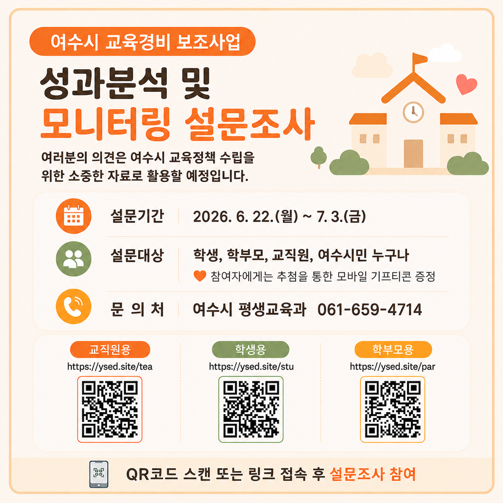 여수시 교육경비 보조사업  성과분석 및 모니터링 설문조사  여러분의 의견은 여수시 교육정책 수립을 위한 소중한 자료로 활용할 예정입니다.  설문기간 2026. 6. 22.(월) ~ 7.3.(금)  설문대상 학생, 학부모, 교직원, 여수시민 누구나 참여자에게는 추첨을 통한 모바일 기프티콘 증정  문의처 여수시 평생교육과 061-659-4714  교직원용 https://ysed.site/tea https://m.site.naver.com/1GlvM  학생용 https://ysed.site/stu https://m.site.naver.com/12bFr  학부모용 https://ysed.site/par https://m.site.naver.com/12bFt  QR코드 스캔 또는 링크 접속 후 설문조사 참여