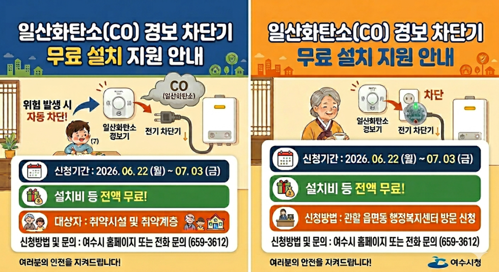 일산화탄소(CO) 경보 차단기 무료 설치 지원 안내 CO(일산화탄소) 위험 발생 시 자동 차단! 일산화탄소 경보기 전기 차단기 신청기간 : 2026. 06. 22 (월)~ 07.03 (금) 설치비 등 전액 무료! 대상자 : 취약시설 및 취약계층 신청방법 및 문의 : 여수시 홈페이지 또는 전화 문의 (659-3612) 여러분의 인젼을 지켜드립니다! 일산화탄소(CO) 경보 차단기 무료 설치 지원 안내 차단 일산화탄소경보기 전기차단기 신청기간 : 2026. 06.22 (월) ~07.03 (금) 설치비 등 전액 무료! 신청방법 : 관할 읍면동 행정복지센터 방문 신청 신청방법 및 문의 : 여수시 홈페이지 또는 전화 문의 (659-3612) 여러분의 안전을 지켜드립니다! 여수시청