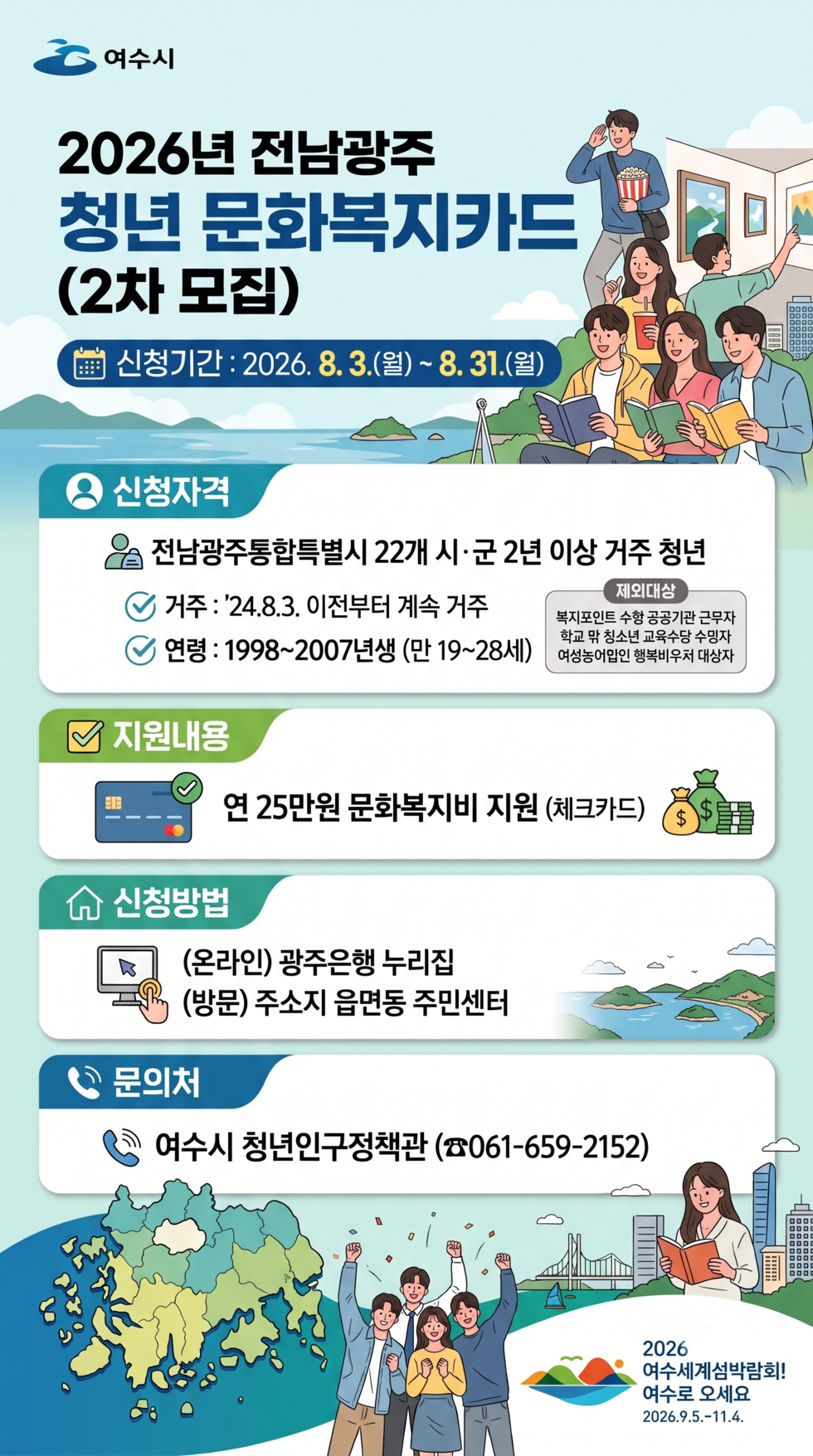여수시  2026년 전남광주 청년 문화복지카드(2차 모집) 신청기간 : 2026. 8. 3.(월) ~ 8. 31.(월)  신청자격 전남광주통합특별시 22개 시·군 2년 이상 거주 청년 거주 : '24.8.3. 이전부터 계속 거주 연령 : 1998~2007년생 (만 19~28세)  제외대상 복지포인트 수항 공공기관 근무자 학교 막 칭소년 교육수당 수밍자 여성농어맙인 행복비우처 대상자  지원내용 연 25만원 문화복지비 지원 (체크카드)  신청방법 (온라인) 광주은행 누리집 (방문) 주소지 읍면동 주민센터  문의처 여수시 청년인구정책관 (☎061-659-2152)  2026 여수세계섬박람회! 여수로 오세요 2026.9.5 .- 11.4.