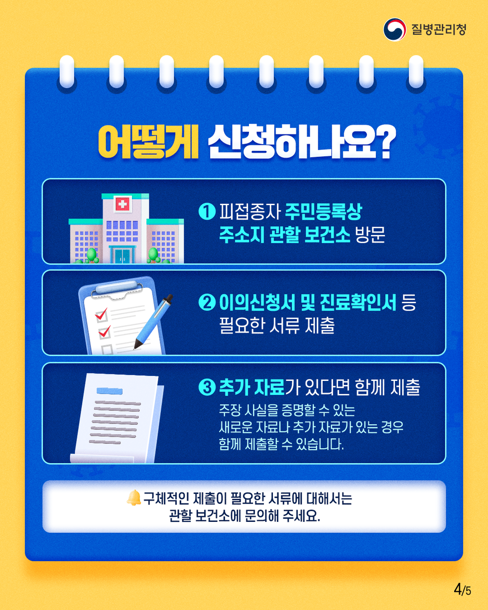 질병관리청 어떻게 신청하나요? 1 피접종자 주민등록상 주소지 관할 보건소 방문 2 이의신청서 및 진료확인서 등 필요한 서류 제출 3 추가 자료가 있다면 함께 제출 주장 사실을 증명할 수 있는 새로운 자료나 추가 자료가 있는 경우 함께 제출할 수 있습니다. 구체적인 제출이 필요한 서류에 대해서는 관할 보건소에 문의해 주세요.