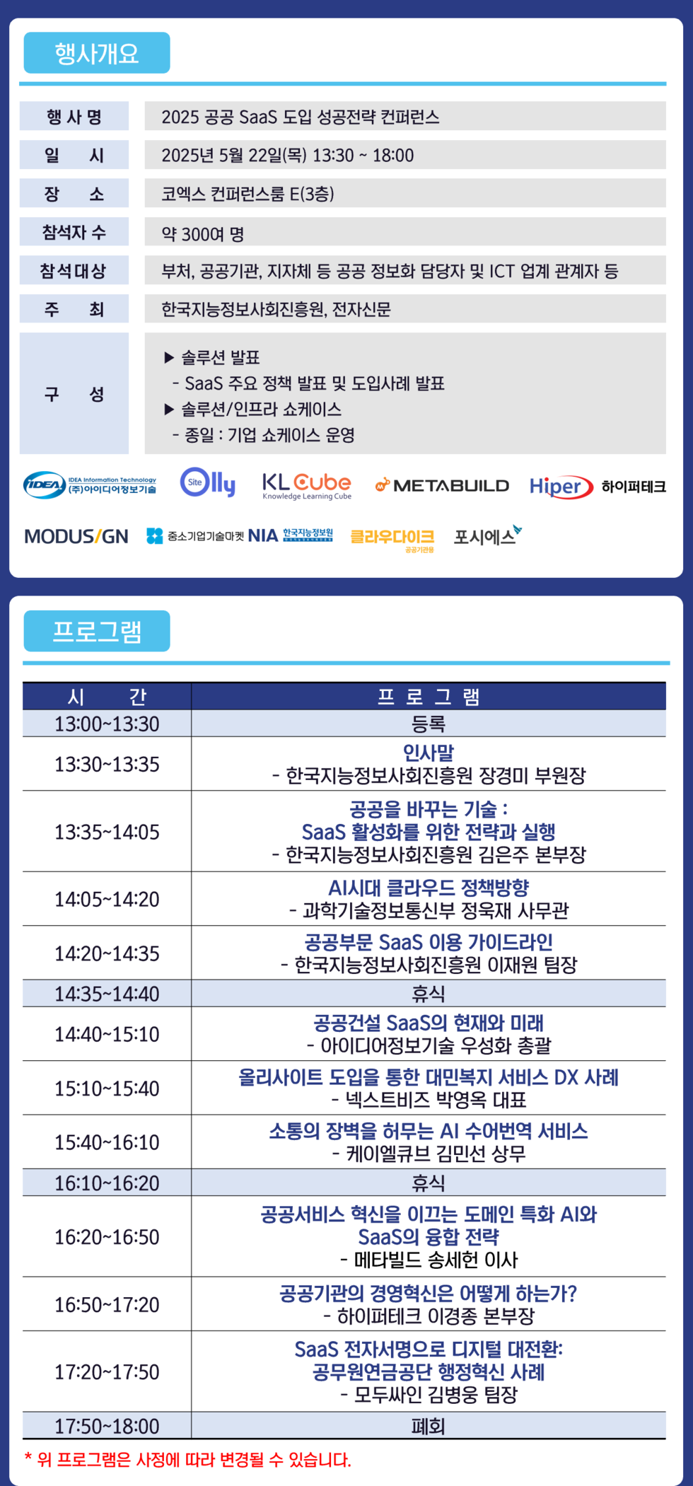 행사개요 행사명 2025 공공 SaaS 도입 성공전략 컨퍼런스 일 시 2025년 5월 22일 목 13:30 18:00 장 소 코엑스 컨퍼런스룸 E 3층 참가자 수 약 300명 참가대상 부처 공공기관 지자체 등 공공 정보화 담당자 및 ICT 업계 관계자 등 주 최 한국지능정보사회진흥원 전자신문 구 성 솔루션 발표 SaaS 주요 정책 발표 및 도입사례 발표 솔루션 인프라 쇼케이스 종일 기업 쇼케이스 운영 프로그램 시간 프로그램 13:00 13:30 등록 13:30 13:35 인사말 한국지능정보사회진흥원 장경미 부원장 13:35 14:05 공공을 바꾸는 기술 SaaS 활성화를 위한 전략과 실행 한국지능정보사회진흥원 김은주 본부장 14:05 14:20 AI시대 클라우드 정책방향 과학기술정보통신부 정재욱 사무관 14:20 14:35 공공부문 SaaS 이용 가이드라인 한국지능정보사회진흥원 이재현 팀장 14:35 14:40 휴식 14:40 15:10 공공건설 SaaS 현재와 미래 아이디어정보기술 우상화 총괄 15:10 15:40 올리사이트 도입을 통한 대민복지 서비스 DX 사례 넥스트빌즈 박영욱 대표 15:40 16:10 소통의 장벽을 허무는 AI 수어번역 서비스 케이엘큐브 김민준 상무 16:10 16:20 휴식 16:20 16:50 공공서비스 혁신을 이끄는 도메인 특화 시나리오 SaaS의 융합 전략 메타빌드 송세현 이사 16:50 17:20 공공기관의 경영혁신은 어떻게 하는가 하이퍼테크 이경종 본부장 17:20 17:50 SaaS 전자서명을로 디지털 전환 공무원연금공단 행정혁신 사례 모두사인 김병용 팀장 17:50 18:00 폐회 * 위 프로그램은 사정에 따라 변경될 수 있습니다.
