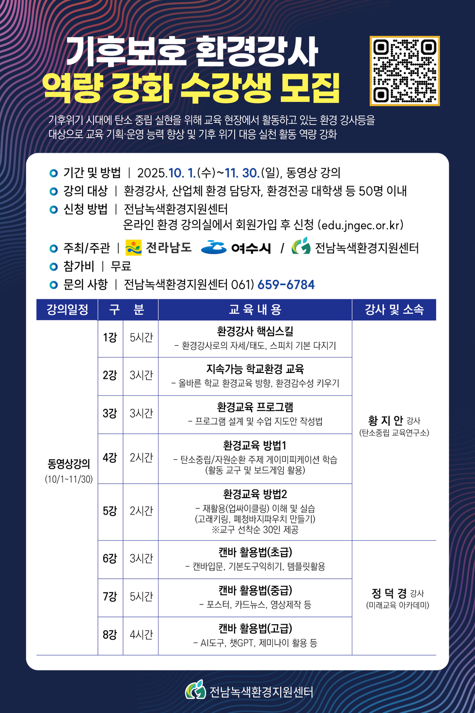 기후보호 환경강사 역량 강화 수강생 모집 QR링크 http://edu.jngec.or.kr/index.php
기후위기 시대에 탄소 중립 실현을 위해 교육 현장에서 활동하고 있는 환경 강사등을 대상으로 교육 기획, 운영 능력 향상 및 기후 위기 대응 실천 활동 역량 강화
기간 및 방법 | 2025년10월1일(수)~11월30일(일), 동영상 강의
강의 대상 | 환경강사, 산업체 환경 담당자, 환경전공 대학생 등 50명 이내
신청 방법 | 전남녹색환경지원센터 온라인 환경 강의실에서 회원가입 후 신청 (edu.jngec.or.kr)
주최/주관 | 전라남도 / 여수시 / 전남녹색환경지원센터
참가비 | 무료
문의 사항 | 전남녹색환경지원센터 061) 659-6784
강의일정 : 동영상강의 (10월1일~11월30일)
구 분:1강 5시간 / 교육내용 : 환경강사 핵심스킬 - 환경강사로서의 자세/태도, 스피치 기본 다지기 / 강사 및 소속 : 황지안 강사(탄소중립 교육연구소)
구 분:2강 3시간 / 교육내용 : 지속가능 학교환경 교육 - 올바른 학교 환경 방향, 환경감수성 키우기 / 강사 및 소속 : 황지안 강사(탄소중립 교육연구소)
구 분:3강 3시간 / 교육내용 : 환경교육 프로그램 - 프로그램 설계 및 수업 지도안 작성법 / 강사 및 소속 : 황지안 강사(탄소중립 교육연구소)
구 분:4강 2시간 / 교육내용 : 환경교육 방법1 - 탄소중립/자원순환 주제 게이미피케이션 학습 (활동 교구 및 보드게임 활용) / 강사 및 소속 : 황지안 강사(탄소중립 교육연구소)
구 분:5강 2시간 / 교육내용 : 환경교육 방법2 - 재활용(업싸이클링) 이해 및 실습 (고래키링, 폐청바지파우치 만들기) ※교구 선착순 30인 제공 / 강사 및 소속 : 황지안 강사(탄소중립 교육연구소)
구 분:6강 3시간 / 교육내용 : 캔바 활용법(초급) - 캔바입문, 기초도구익히기, 템플릿활용 / 강사 및 소속 : 적덕경 강사(미래교육 아카데미)
구 분:7강 5시간 / 교육내용 : 캔바 활용법(중급) - 포스터, 카드뉴스, 영상제작 등 / 강사 및 소속 : 적덕경 강사(미래교육 아카데미)
구 분:8강 4시간 / 교육내용 : 캔바 활용법(고급) - AI도구, 챗GPT, 제미나이 활용 등 / 강사 및 소속 : 적덕경 강사(미래교육 아카데미)