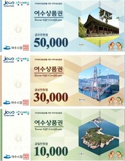 여수상품권 세 종류가 나란히 배열되어 있으며, 각각 50000원, 30000원, 10000원의 금액이 표시되어 있다.