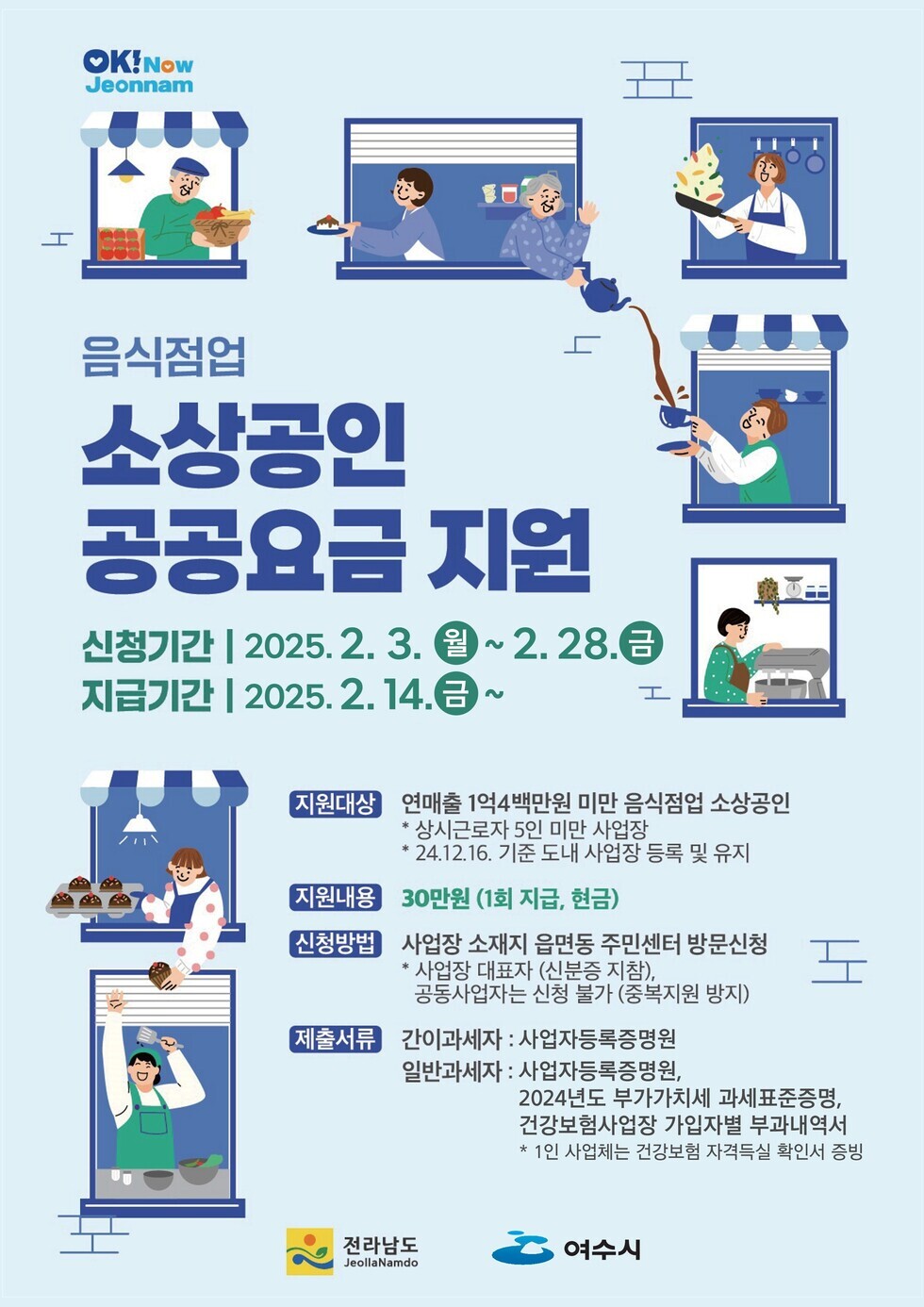 음식점업 소상공인 공공요금 지원 신청기간 | 2025. 2. 3. 월 ~ 2. 28. 금 지급기간 | 2025. 2. 14. 금 ~ 지원대상 | 연매출 1억4백만원 미만 음식점업 소상공인 * 상시근로자 5인 미만 사업장 * 24.12.16. 기준 도내 사업장 등록 및 유지 지원내용 | 30만원 (1회 지급, 현금) 신청방법 | 사업장 소재지 읍면동 주민센터 방문신청 * 사업장 대표자 신분증 지참, 공동사업자는 신청 불가 (종복지원 방지) 제출서류 | 간이과세자: 사업자등록증명원 일반과세자: 사업자등록증명원, 2024년도 부가가치세 과세표준증명, 건강보험사업장 가입자별 부과내역서 * 1인 사업체는 건강보험 자격득실 확인서 증빙