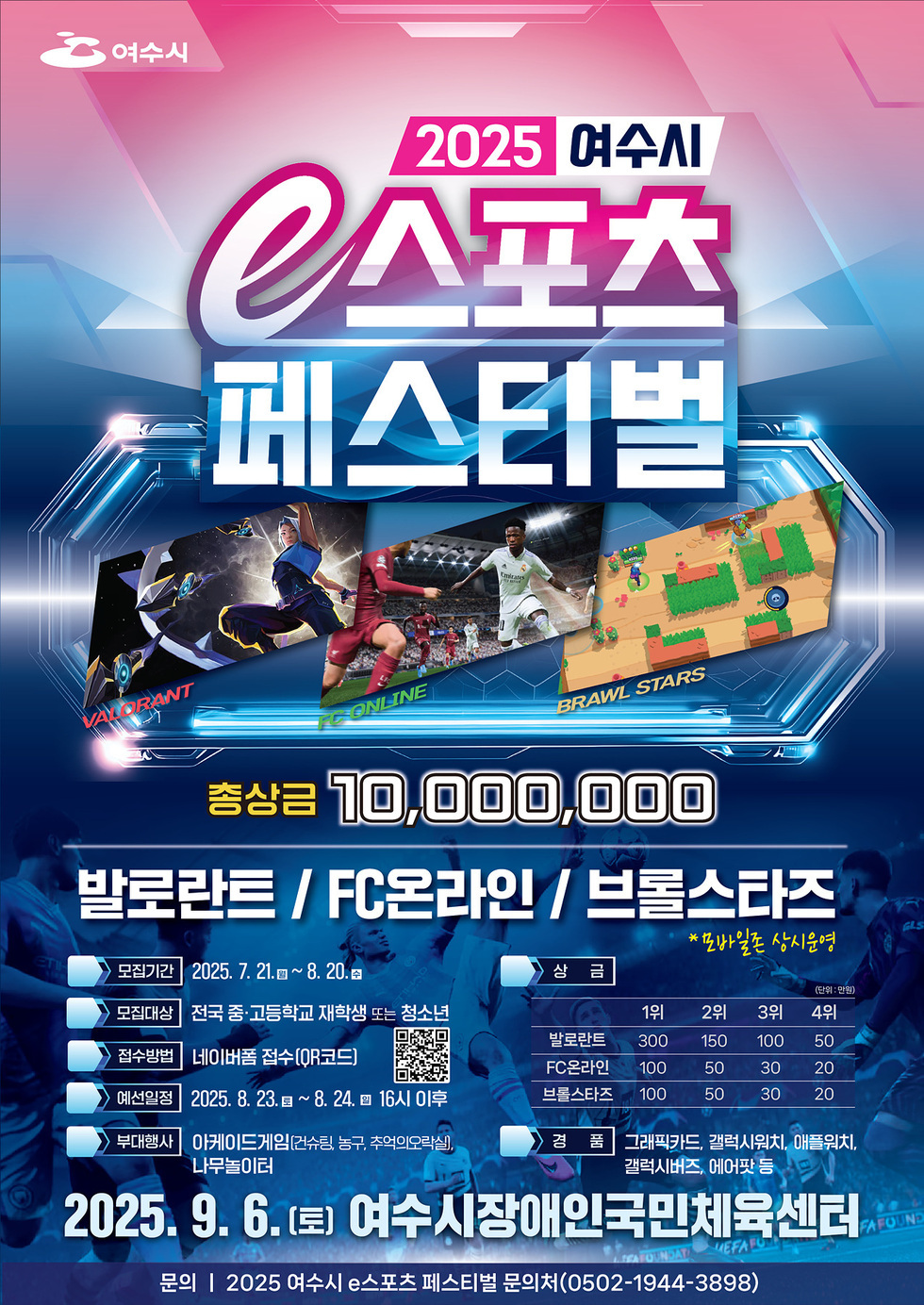 2025 여수시 e스포츠 페스티벌 총상금 10,000,000 발로란트 / FC온라인 / 브롤스타즈 모집기간 2025. 7. 21. ~ 8. 20. 모집대상 전국 중·고등학교 재학생 또는 청소년 접수방법 네이버폼 접수(1QR코드) 예선일정 2025. 8. 23. ~ 8. 24. 16시 이후 대회명 아케이드게임(라스본, 농구, 축구(역할놀이)) 나무놀이터 2025. 9. 6. (토) 여수시장애인국민체육센터 문의 2025 여수시 e스포츠 페스티벌 문의처(0502-1944-3898)