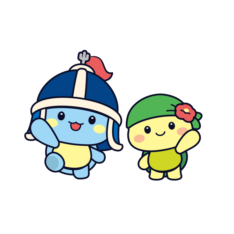 여수시 리뉴얼 마스코트 두 캐릭터가 나란히 서서 손을 흔들고 있는 모습으로, 왼쪽은 파란색 몸에 투구를 쓴 장군이 캐릭터, 오른쪽은 초록색 모자에 동백꽃을 장식한 오동이 캐릭터가 웃으며 인사하는 모습.